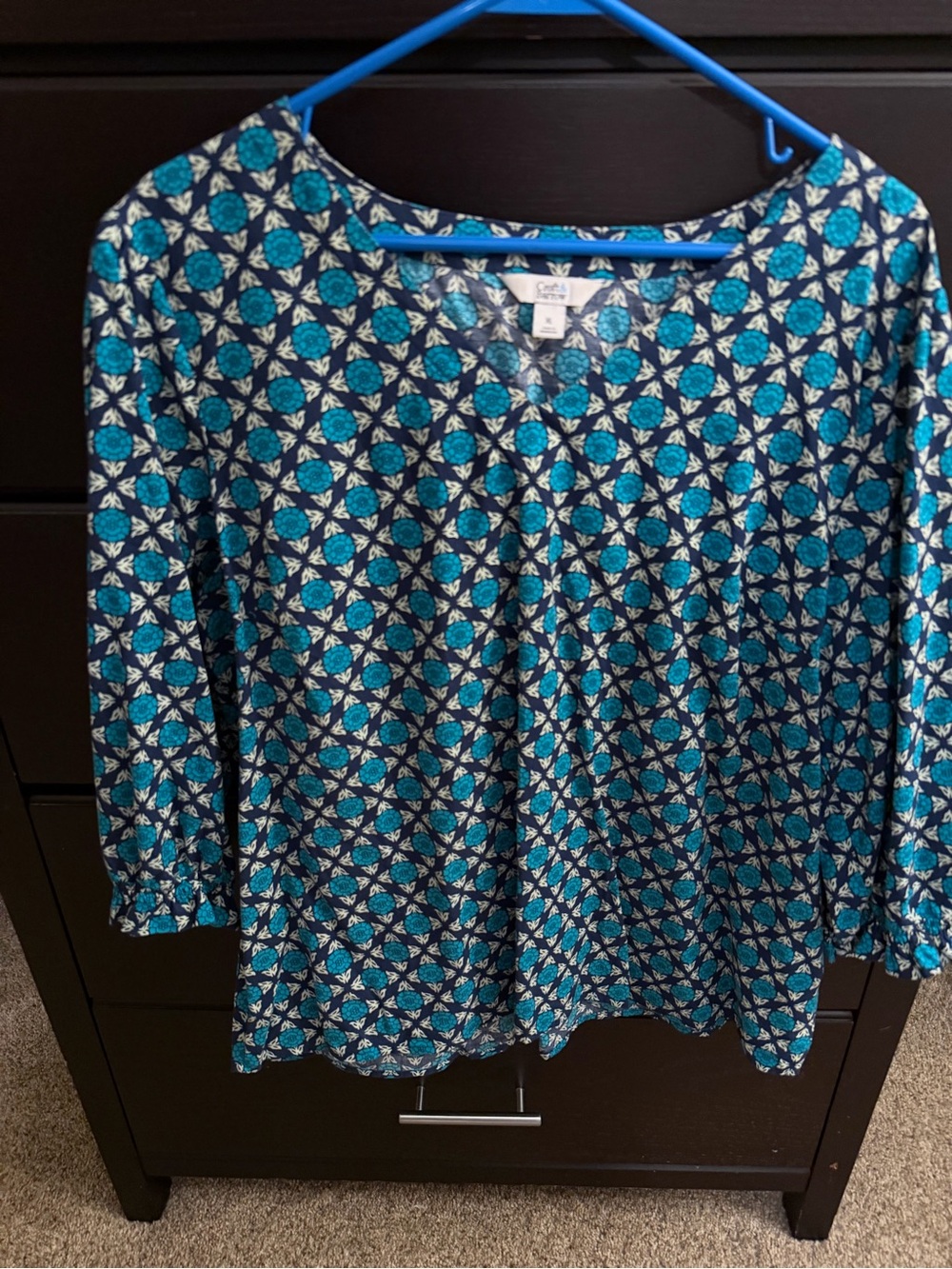 croft & barrow Teal and Navy Geometric Floral Scoop Neck Top